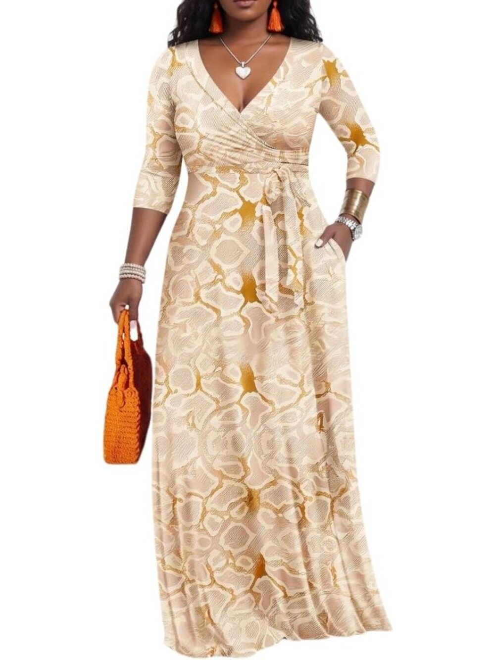 Women's Plus Size Floral Boho Maxi Dress with V-Neck and Belt